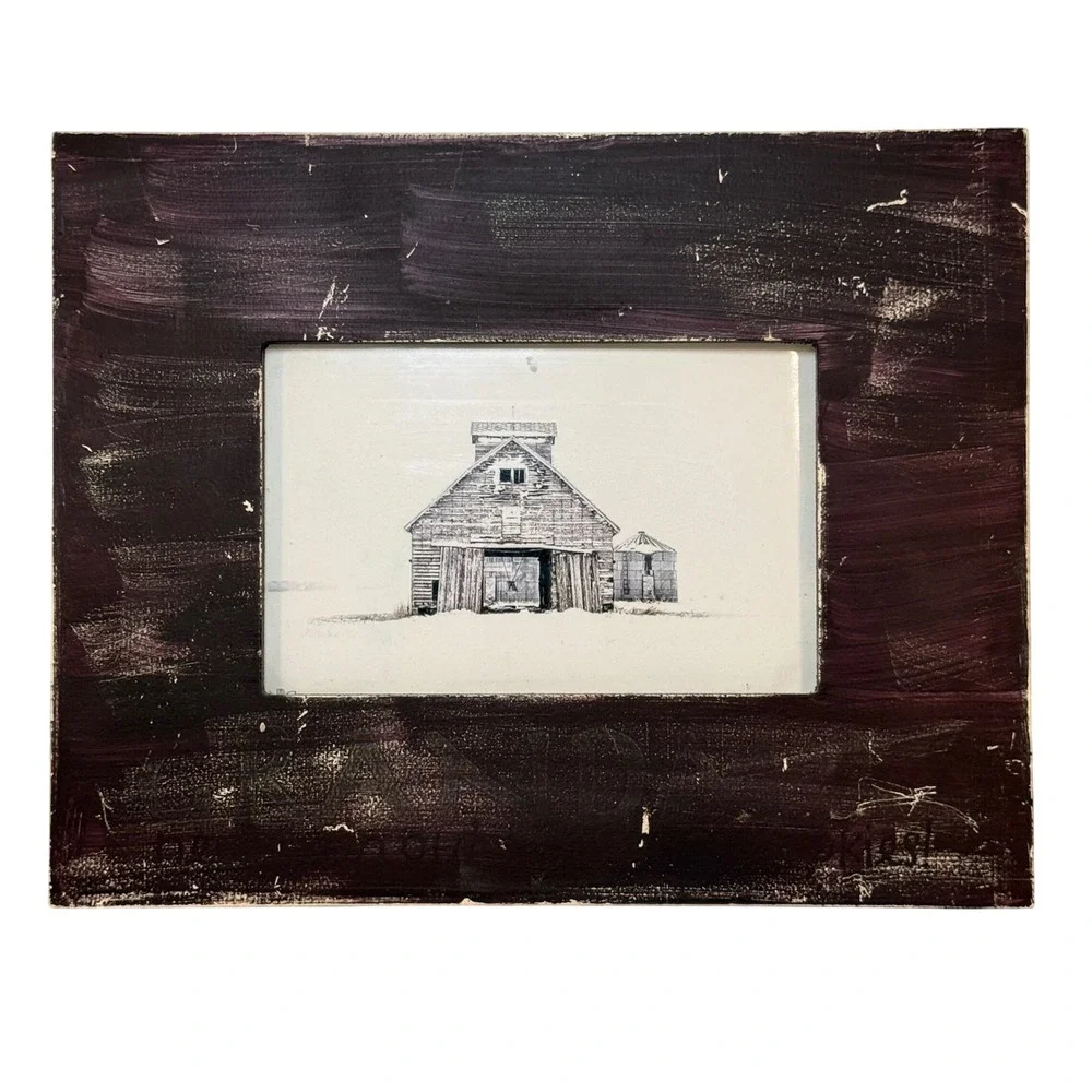 Rustic Farmhouse Barn Art Print Distressed Hand Painted Burgundy Frame 8x9.5